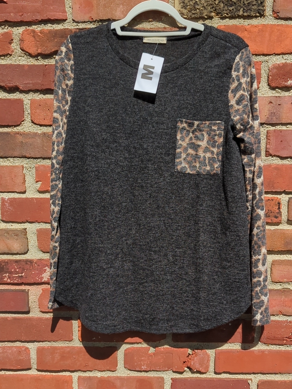 Charcoal Long-Sleeve Tee with Leopard Accent Pocket and Sleeves